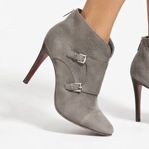 Coach Tina Ankle Boots Gray Suede Leather Buckle High Heel Booties Size 9